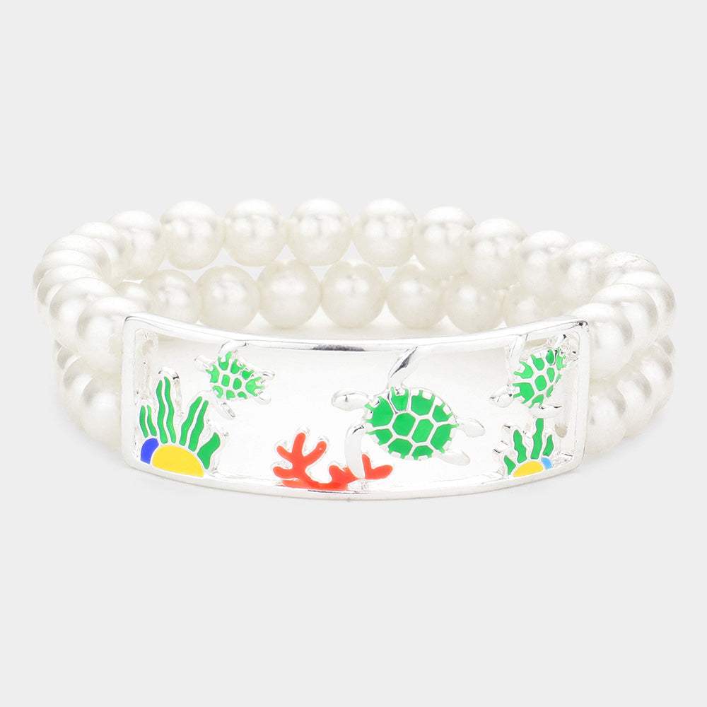 Enamel Turtle Coral Accented Double Layered Pearl Stretch Bracelet - Madeline Love - Flyclothing LLC