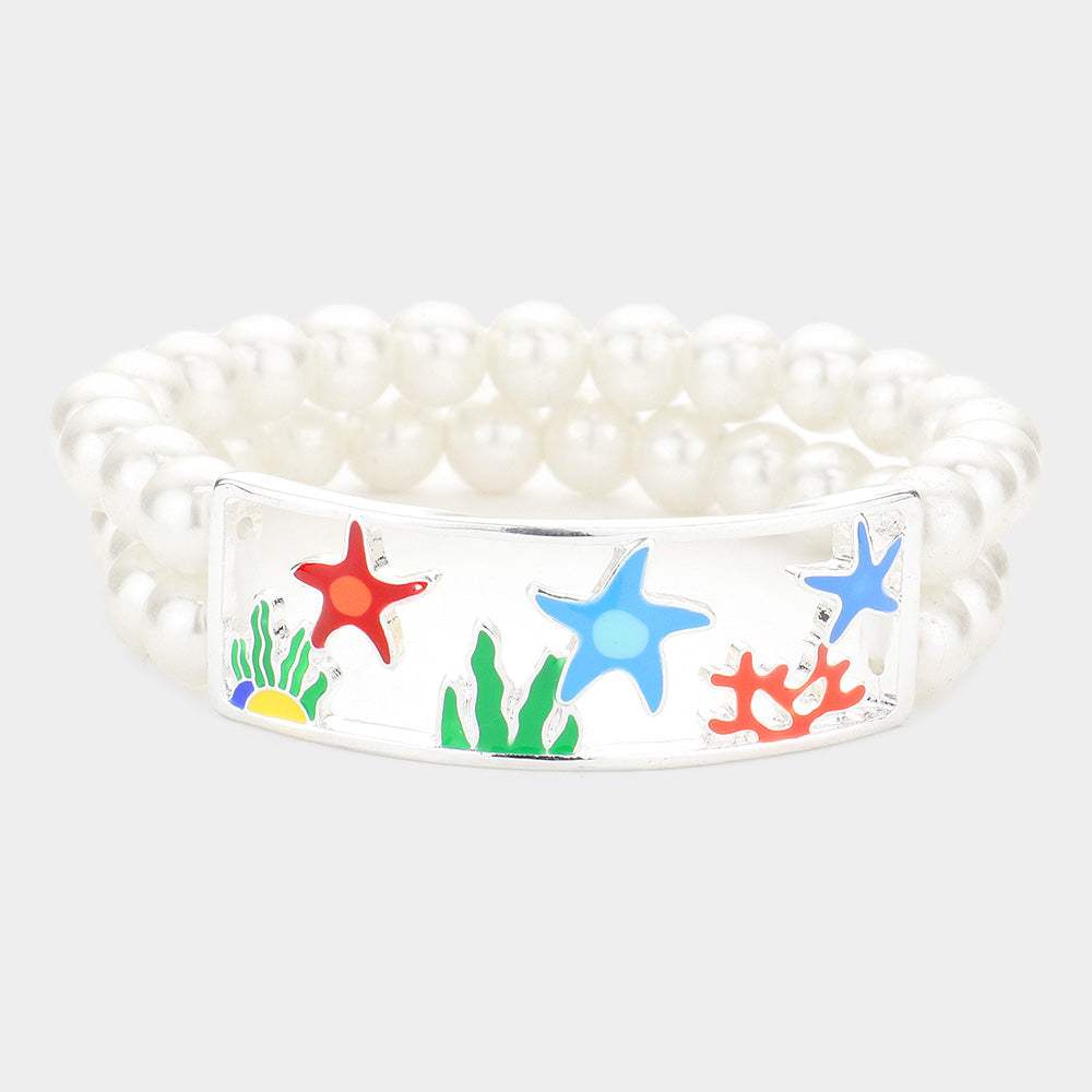 Enamel Starfish Coral Accented Double Layered Pearl Stretch Bracelet - Madeline Love - Flyclothing LLC