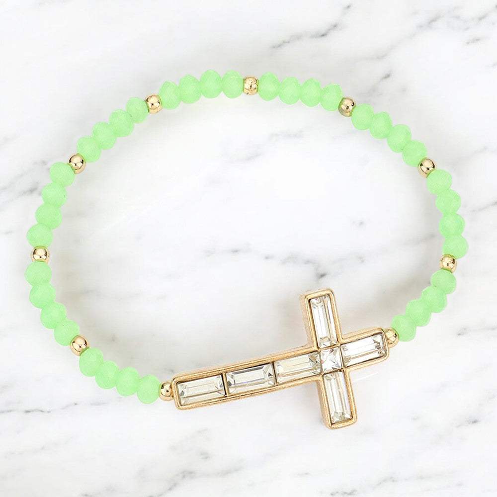 Cross Accented Faceted Beaded Stretch Bracelet - Madeline Love - Flyclothing LLC