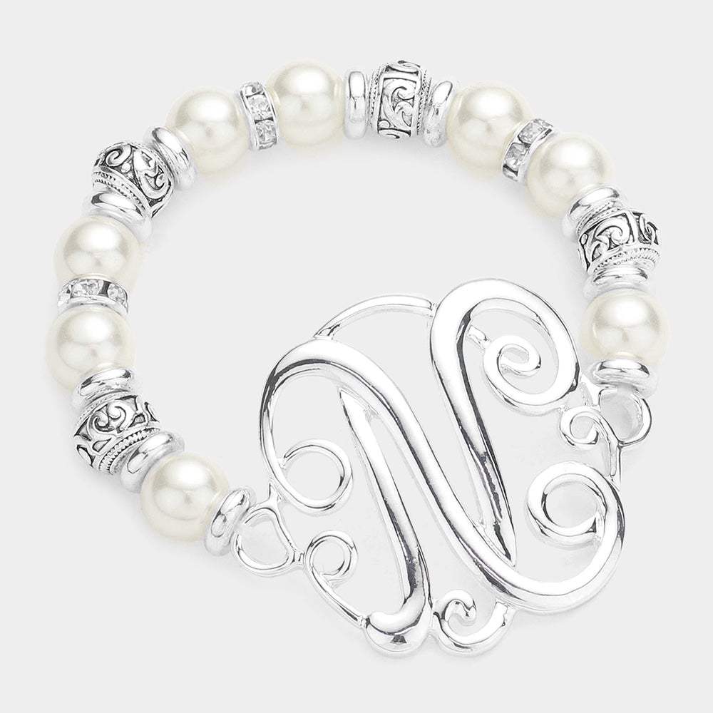 -N- Initial Monogram Charm Pearl Filigree Stretch Bracelet - Madeline Love - Flyclothing LLC