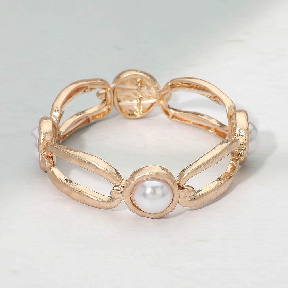 Pearl Accent Hammered Brushed Metal Link Chain Beaded Stretch Bracelet - Madeline Love - Flyclothing LLC