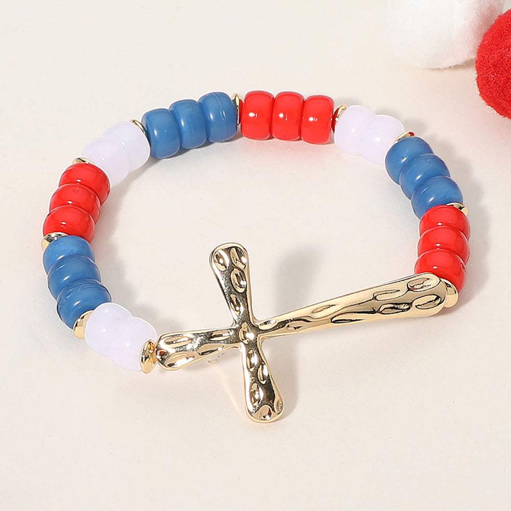 Hammered Metal Cross American USA Flag Colored Beads Beaded Stretch Bracelet - Madeline Love - Flyclothing LLC