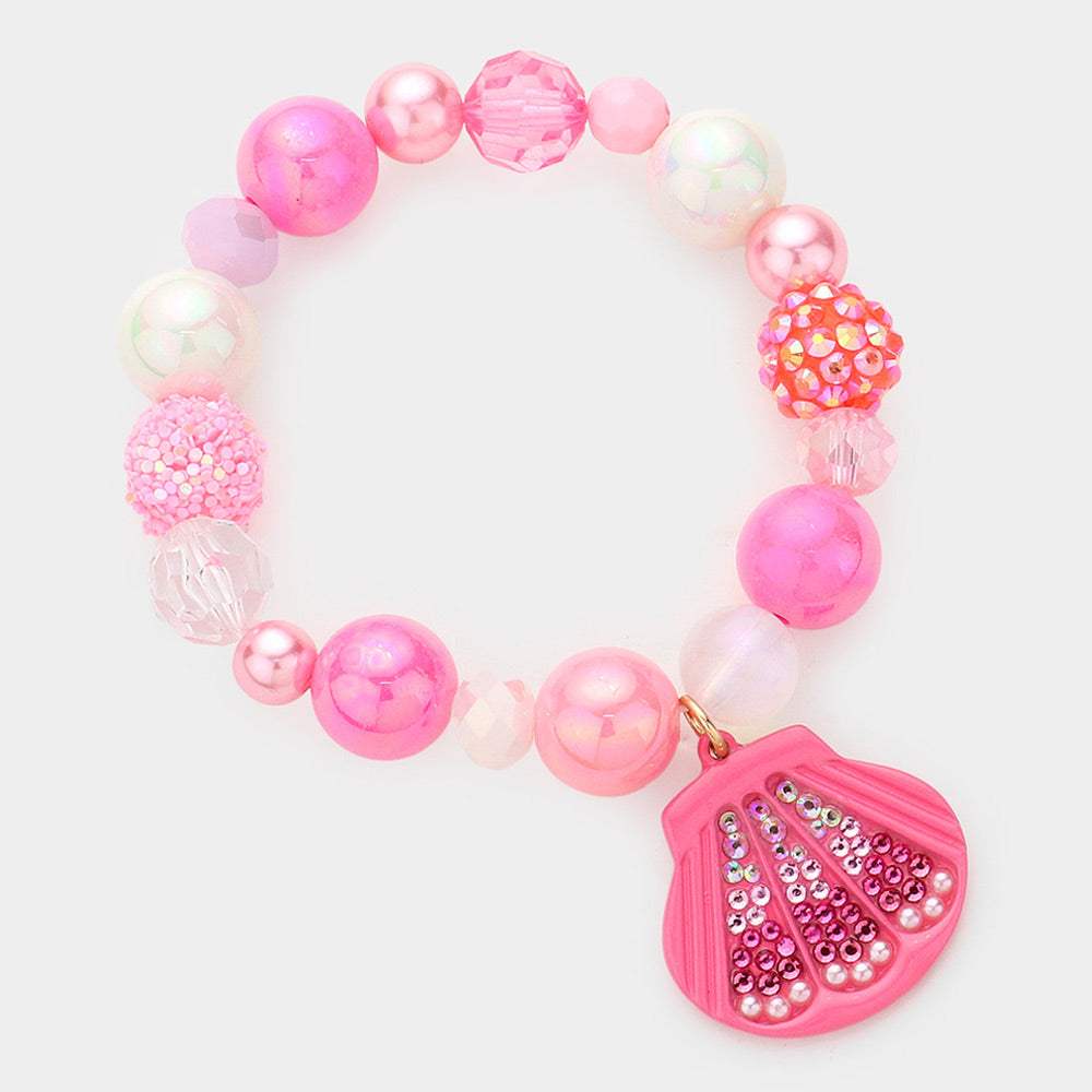 Barbie Pink Shell Charm Pearl Multi Beaded Stretch Bracelet - Madeline Love - Flyclothing LLC