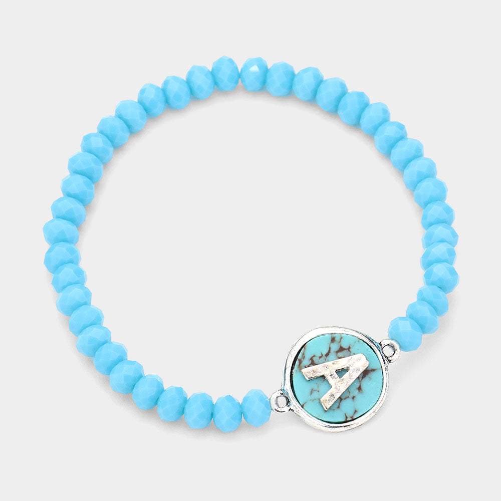 -A- Initial Monogram Turquoise Charm Faceted Beaded Stretch Bracelet - Madeline Love - Flyclothing LLC