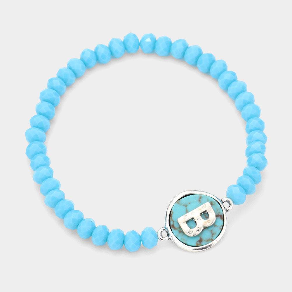 -B- Initial Monogram Turquoise Charm Faceted Beaded Stretch Bracelet - Madeline Love - Flyclothing LLC