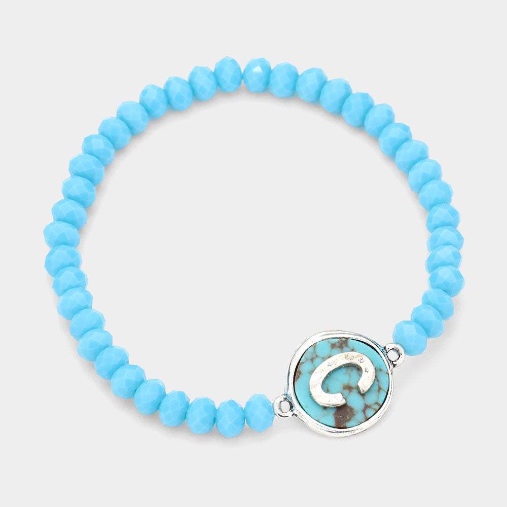 -C- Initial Monogram Turquoise Charm Faceted Beaded Stretch Bracelet - Madeline Love - Flyclothing LLC