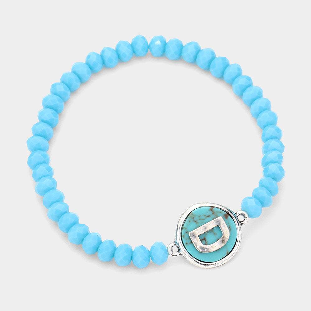 -D- Initial Monogram Turquoise Charm Faceted Beaded Stretch Bracelet - Madeline Love - Flyclothing LLC