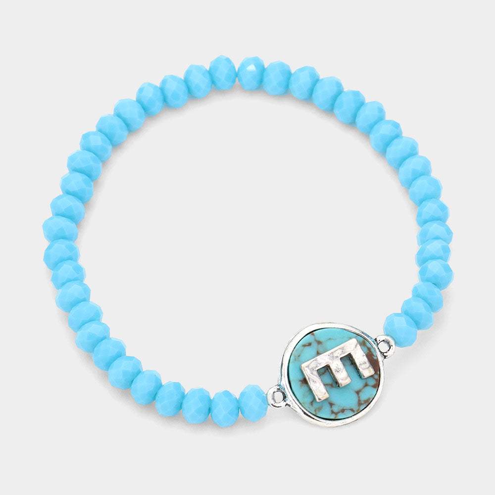 -E- Initial Monogram Turquoise Charm Faceted Beaded Stretch Bracelet - Madeline Love - Flyclothing LLC