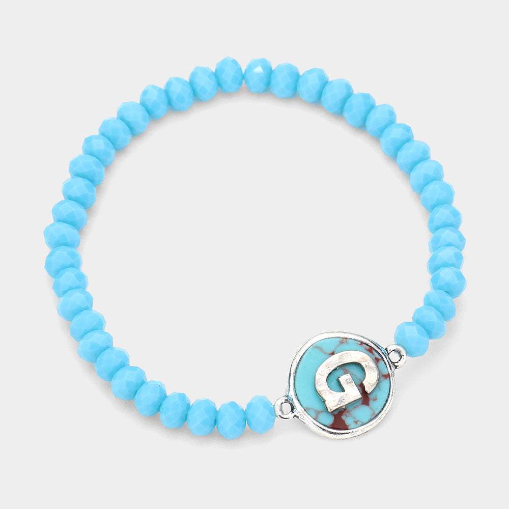 -G- Initial Monogram Turquoise Charm Faceted Beaded Stretch Bracelet - Madeline Love - Flyclothing LLC