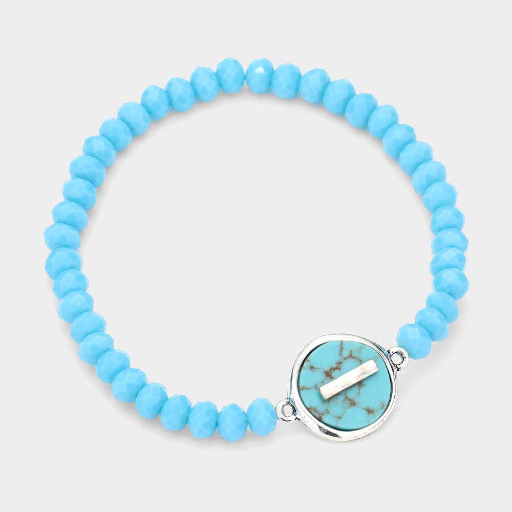 -I- Initial Monogram Turquoise Charm Faceted Beaded Stretch Bracelet - Madeline Love - Flyclothing LLC