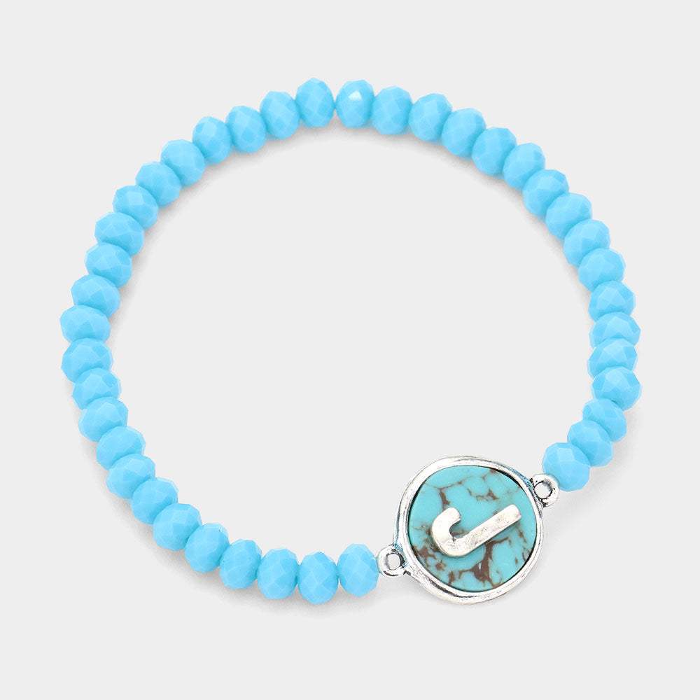 -J- Initial Monogram Turquoise Charm Faceted Beaded Stretch Bracelet - Madeline Love - Flyclothing LLC