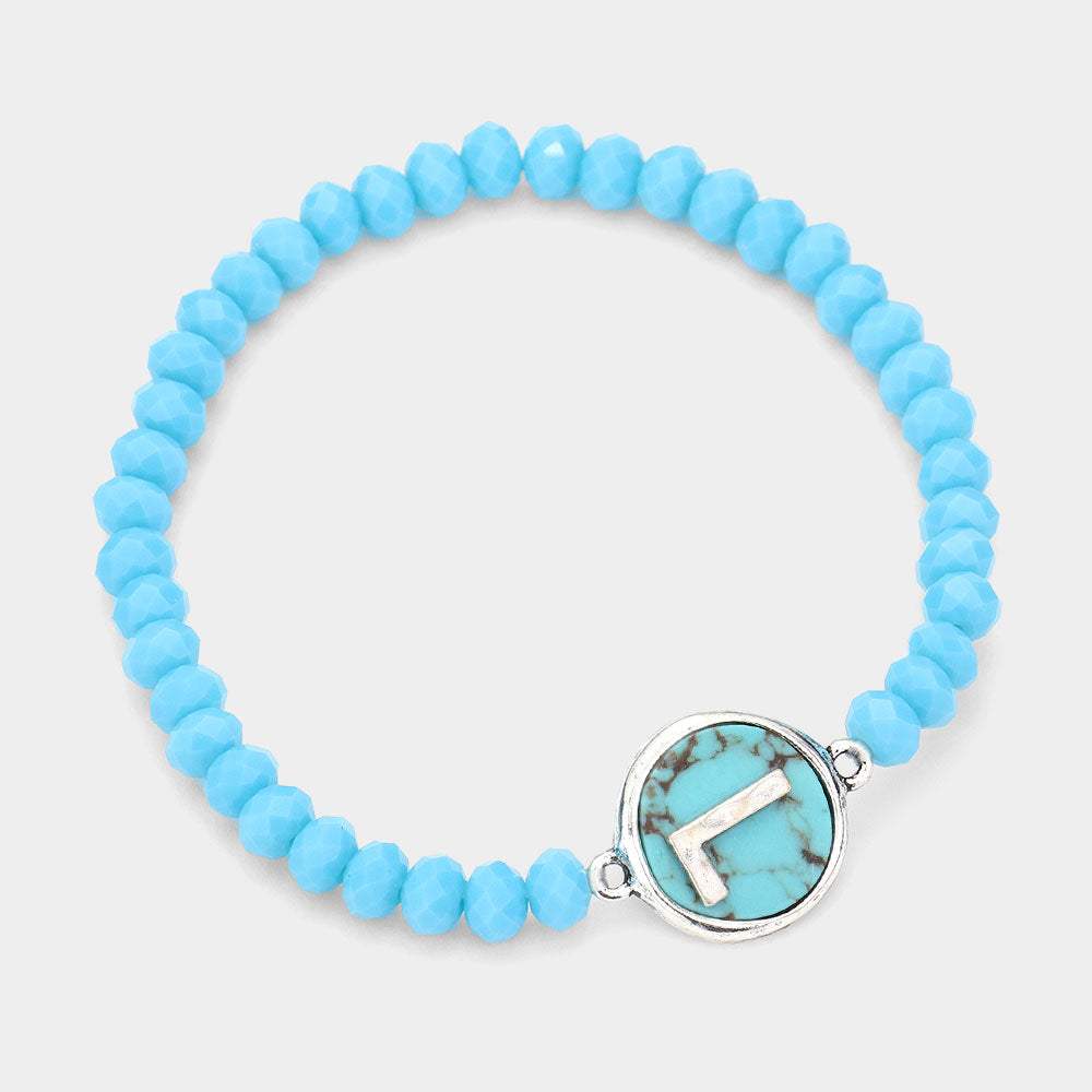 -L- Initial Monogram Turquoise Charm Faceted Beaded Stretch Bracelet - Madeline Love - Flyclothing LLC