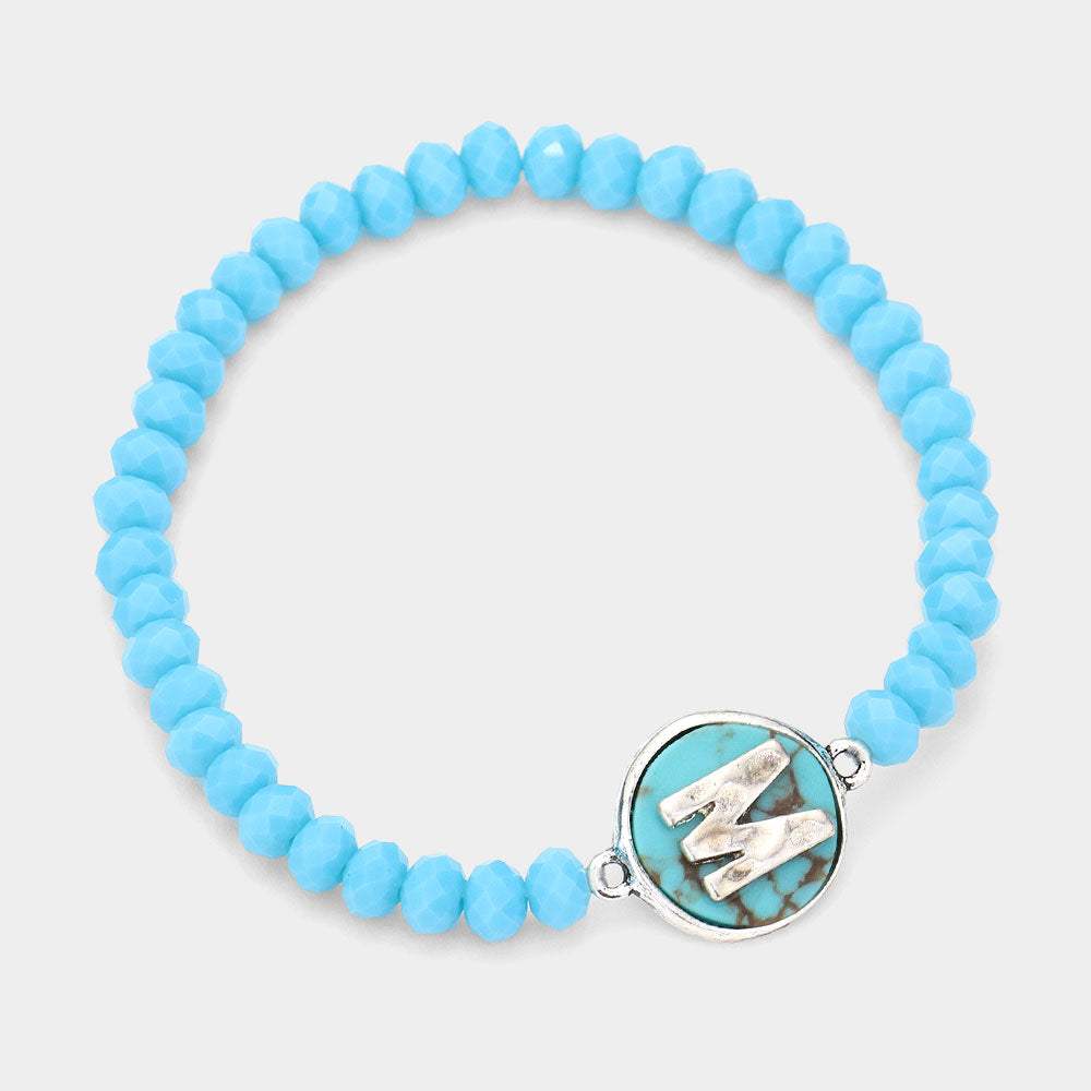 -M- Initial Monogram Turquoise Charm Faceted Beaded Stretch Bracelet - Madeline Love - Flyclothing LLC