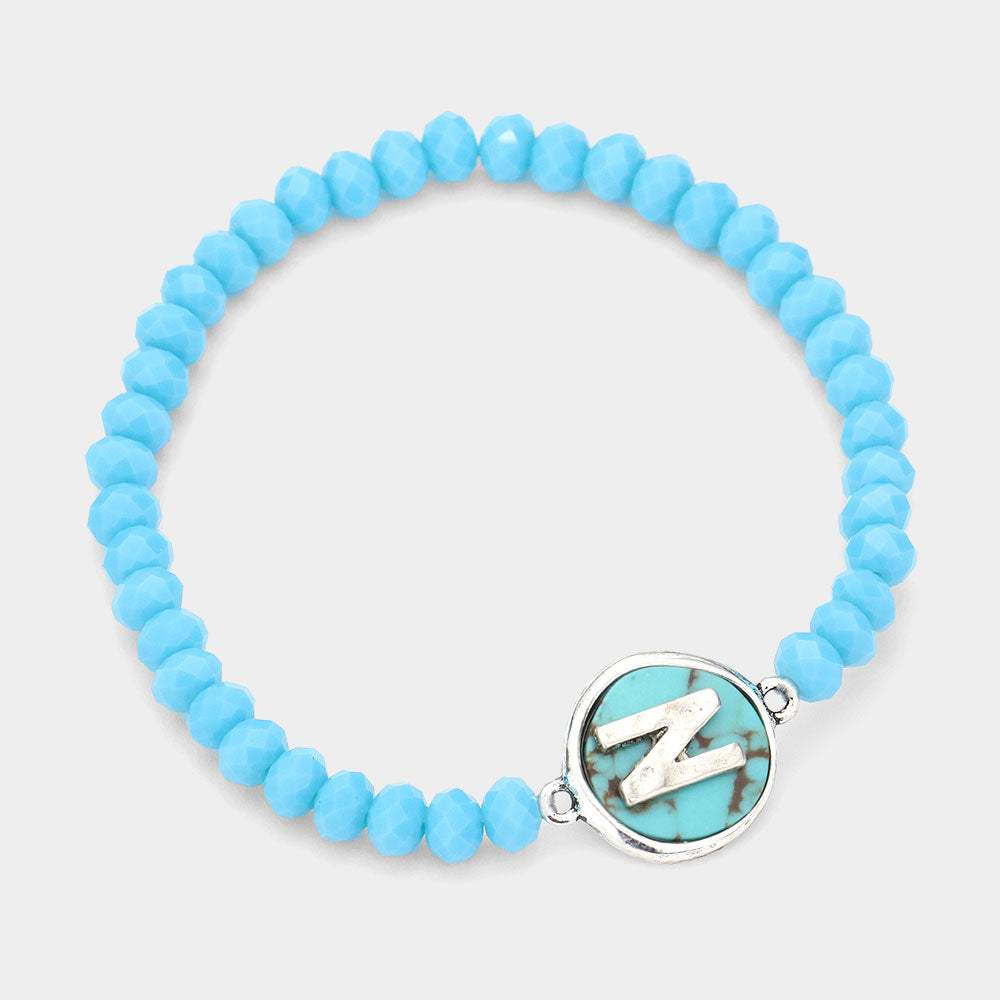 -N- Initial Monogram Turquoise Charm Faceted Beaded Stretch Bracelet - Madeline Love - Flyclothing LLC