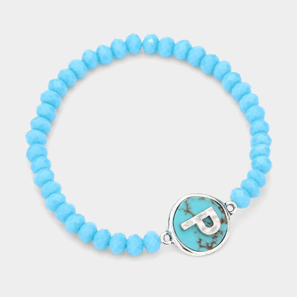 -P- Initial Monogram Turquoise Charm Faceted Beaded Stretch Bracelet - Madeline Love - Flyclothing LLC
