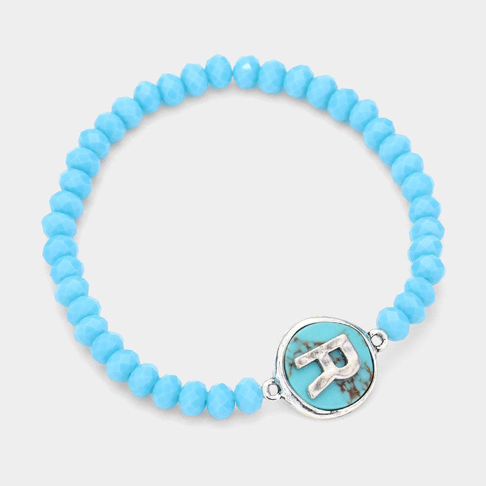 -R- Initial Monogram Turquoise Charm Faceted Beaded Stretch Bracelet - Madeline Love - Flyclothing LLC