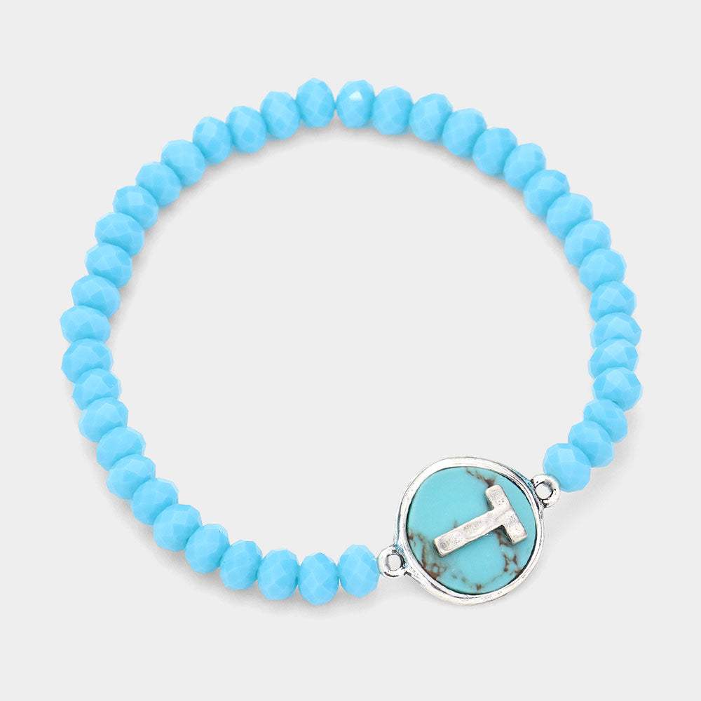-T- Initial Monogram Turquoise Charm Faceted Beaded Stretch Bracelet - Madeline Love - Flyclothing LLC