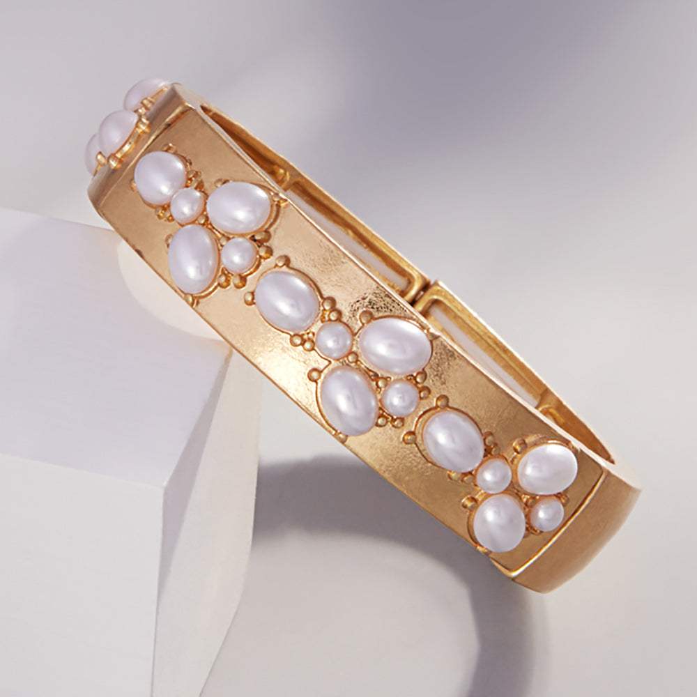 Oval Pearl Pointed Brushed Metal Stretch Bangle Bracelet - Madeline Love - Flyclothing LLC