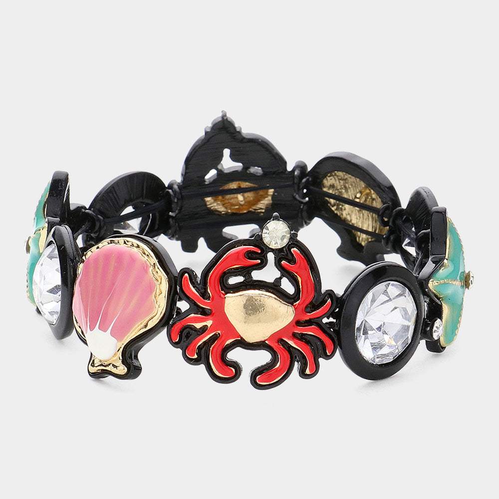 Enamel Stone Pointed Crab Shell Starfish Link Stretch Bracelet - Madeline Love - Flyclothing LLC