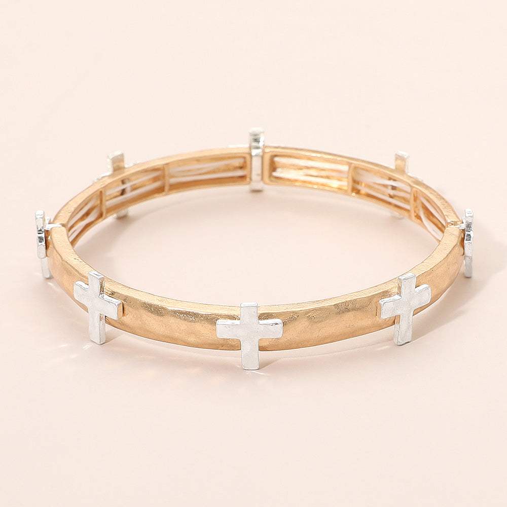 Hammered Brushed Metal Cross Accent Stretch Bracelet - Madeline Love - Flyclothing LLC