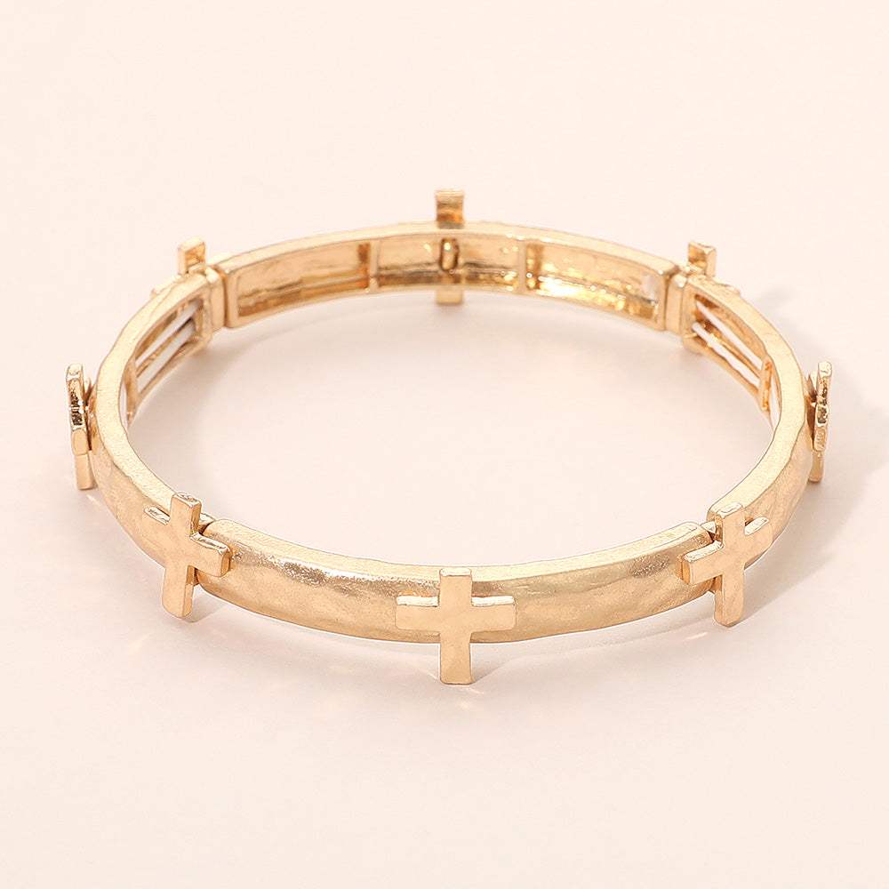 Hammered Brushed Metal Cross Accent Stretch Bracelet - Madeline Love - Flyclothing LLC