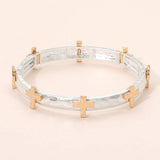 Hammered Brushed Metal Cross Accent Stretch Bracelet - Madeline Love - Flyclothing LLC