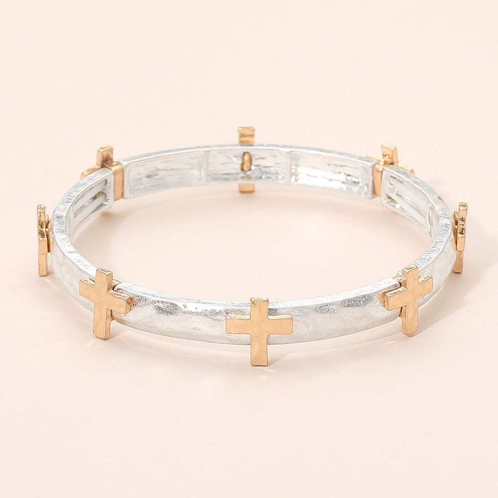 Hammered Brushed Metal Cross Accent Stretch Bracelet - Madeline Love - Flyclothing LLC