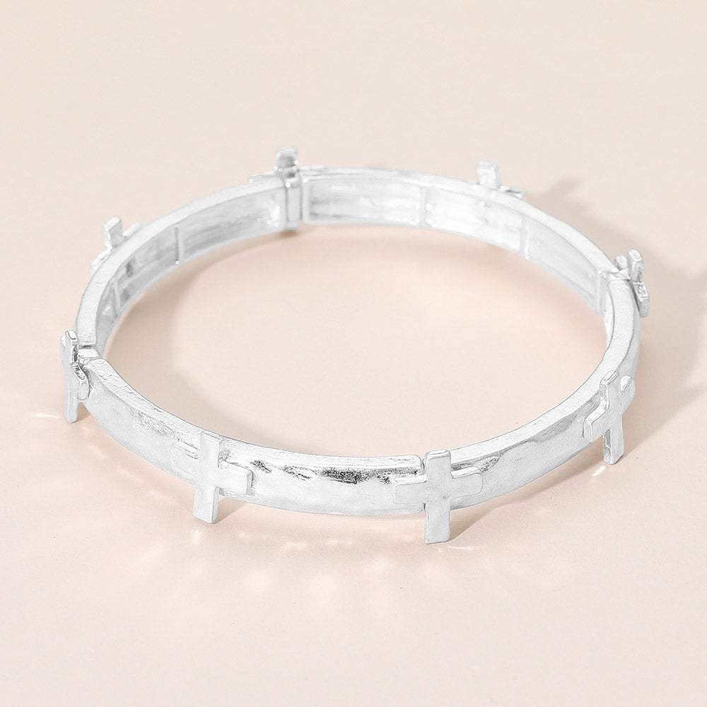 Hammered Brushed Metal Cross Accent Stretch Bracelet - Madeline Love - Flyclothing LLC