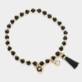 Evil Eye Round Stone Tassel Charm Faceted Beaded Stretch Bracelet - Madeline Love - Flyclothing LLC