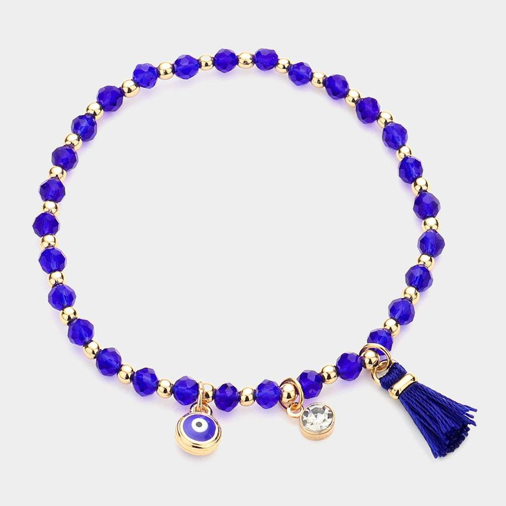 Evil Eye Round Stone Tassel Charm Faceted Beaded Stretch Bracelet - Madeline Love - Flyclothing LLC