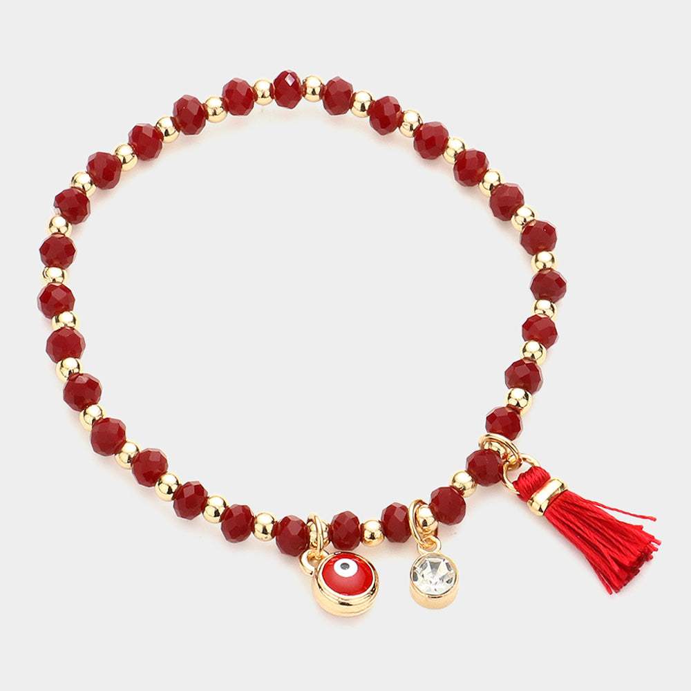 Evil Eye Round Stone Tassel Charm Faceted Beaded Stretch Bracelet - Madeline Love - Flyclothing LLC