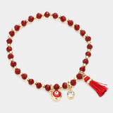 Evil Eye Round Stone Tassel Charm Faceted Beaded Stretch Bracelet - Madeline Love - Flyclothing LLC
