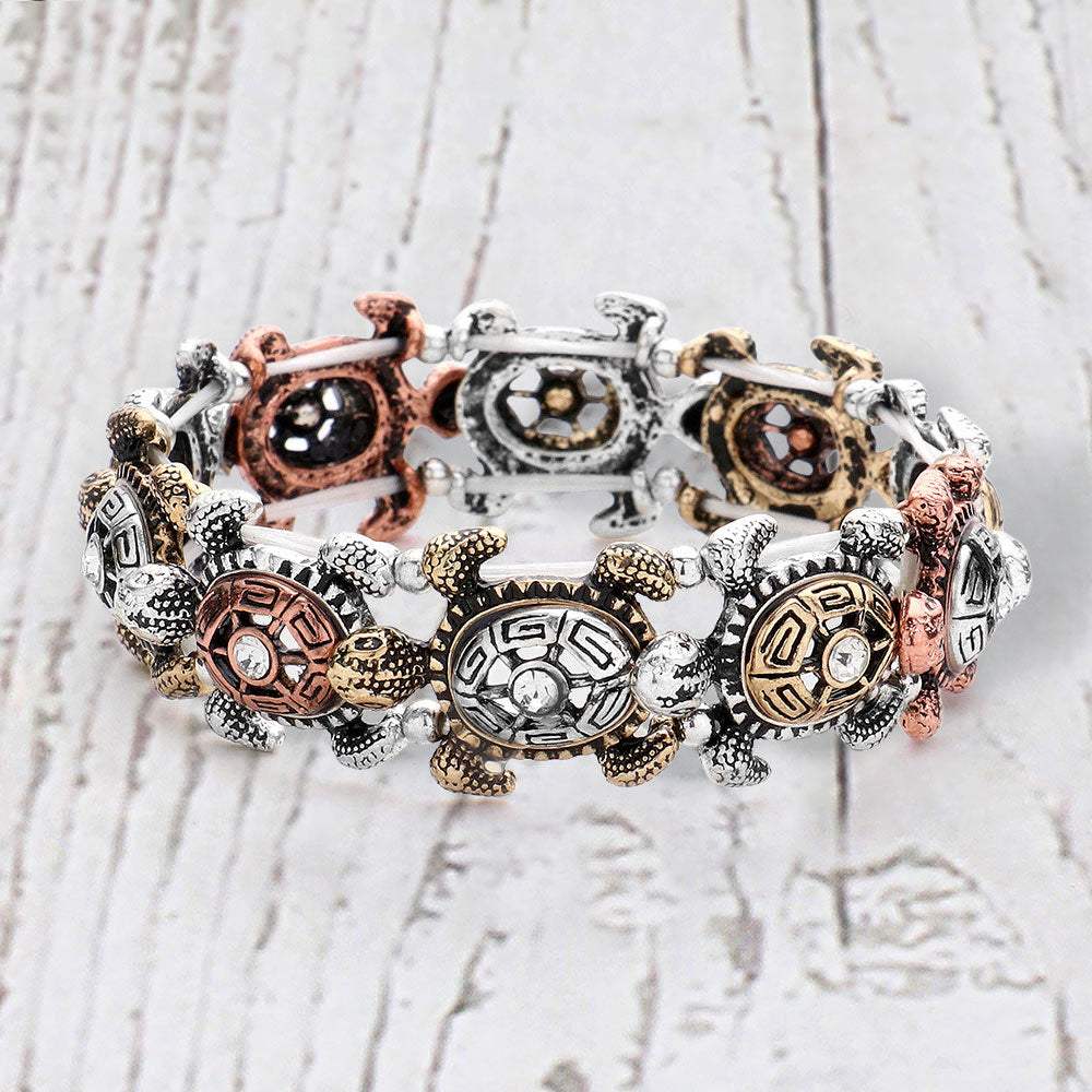 Antique Metal Stone Centered Turtle Link Stretch Bracelet - Madeline Love - Flyclothing LLC