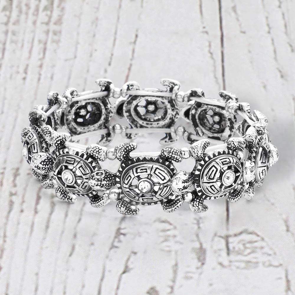 Antique Metal Stone Centered Turtle Link Stretch Bracelet - Madeline Love - Flyclothing LLC