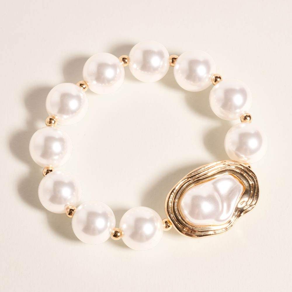 Chunky Organic Pearl Plate Accent Beaded Stretch Bracelet - Madeline Love - Flyclothing LLC