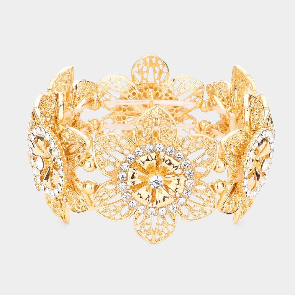 Rhinestone Embellished Cutout Metal Flower Stretch Bracelet - Madeline Love - Flyclothing LLC