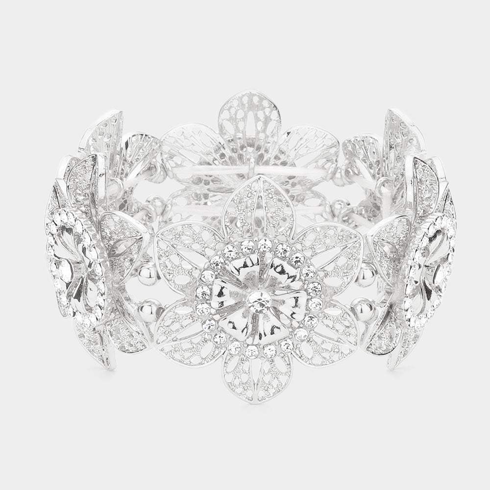 Rhinestone Embellished Cutout Metal Flower Stretch Bracelet - Madeline Love - Flyclothing LLC