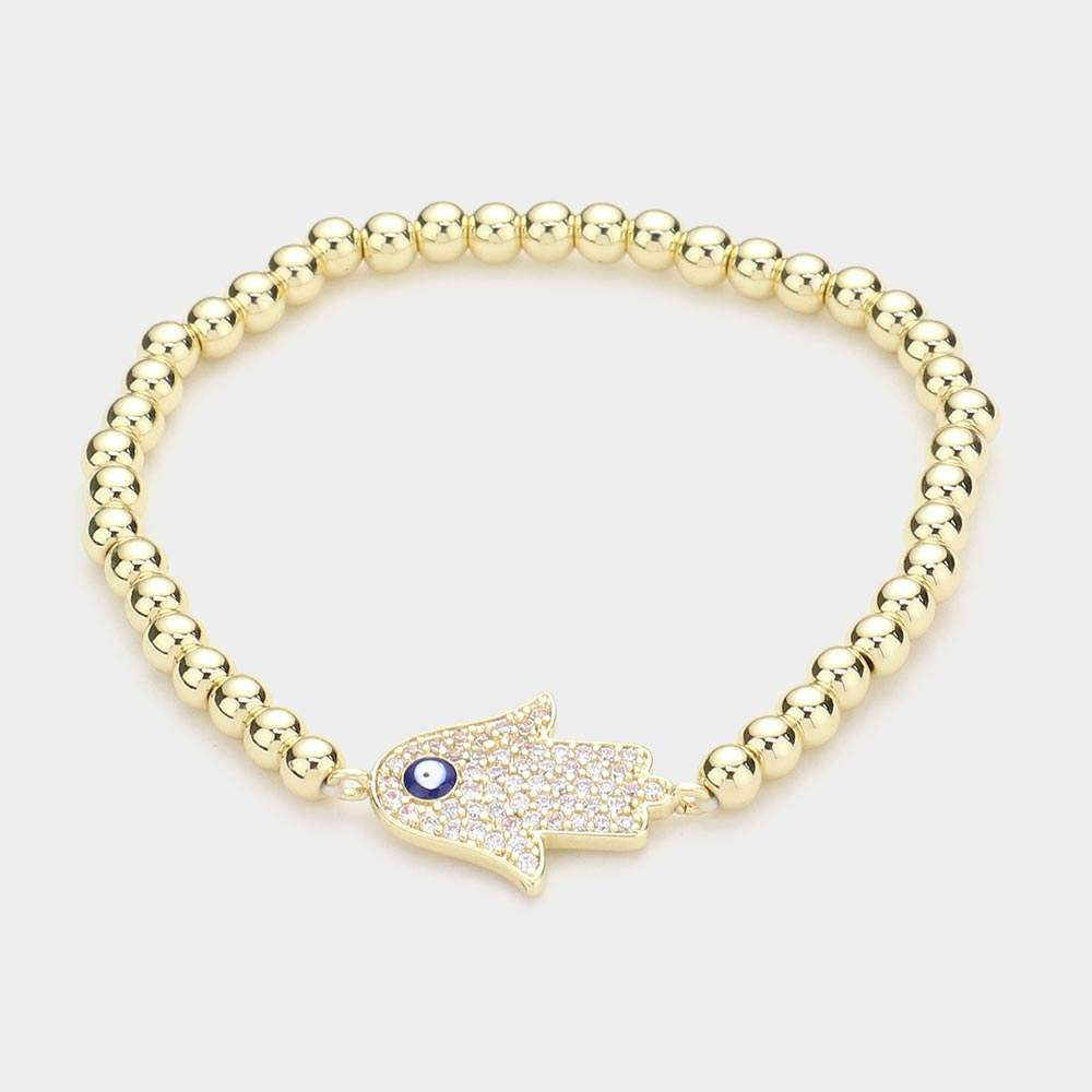 Brass Metal Ball CZ Hamsa Hand Enamel Evil Eye Charm Stretch Bracelet - Madeline Love - Flyclothing LLC