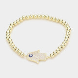 Brass Metal Ball CZ Hamsa Hand Enamel Evil Eye Charm Stretch Bracelet - Madeline Love - Flyclothing LLC