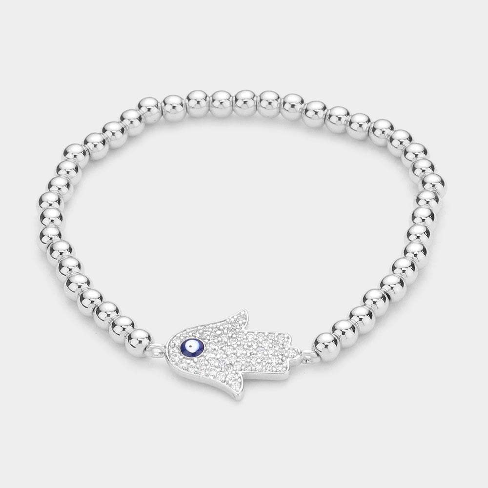 Brass Metal Ball CZ Hamsa Hand Enamel Evil Eye Charm Stretch Bracelet - Madeline Love - Flyclothing LLC
