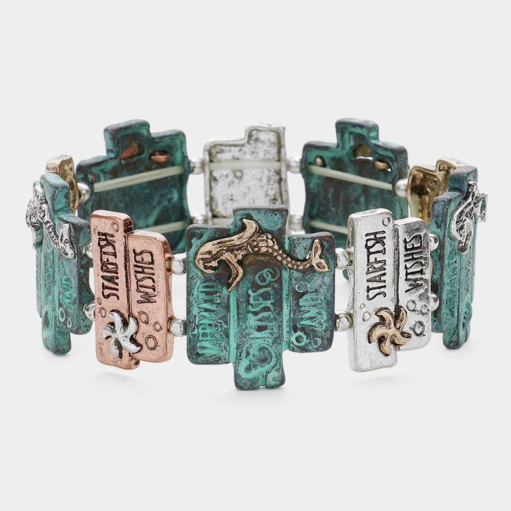 'Mermaid Kisses And...' Embossed Metal Stretch Bracelet - Madeline Love - Flyclothing LLC