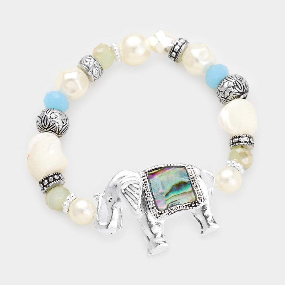 Abalone Antique Sliver Elephant Pearl Multi Beaded Stretch Bracelet - Madeline Love - Flyclothing LLC