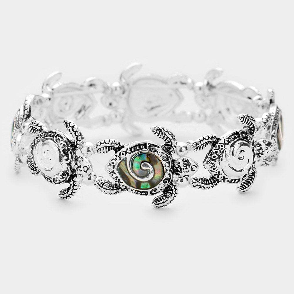 Abalone Turtle Antique Metal Trim Stretch Bracelet - Madeline Love - Flyclothing LLC