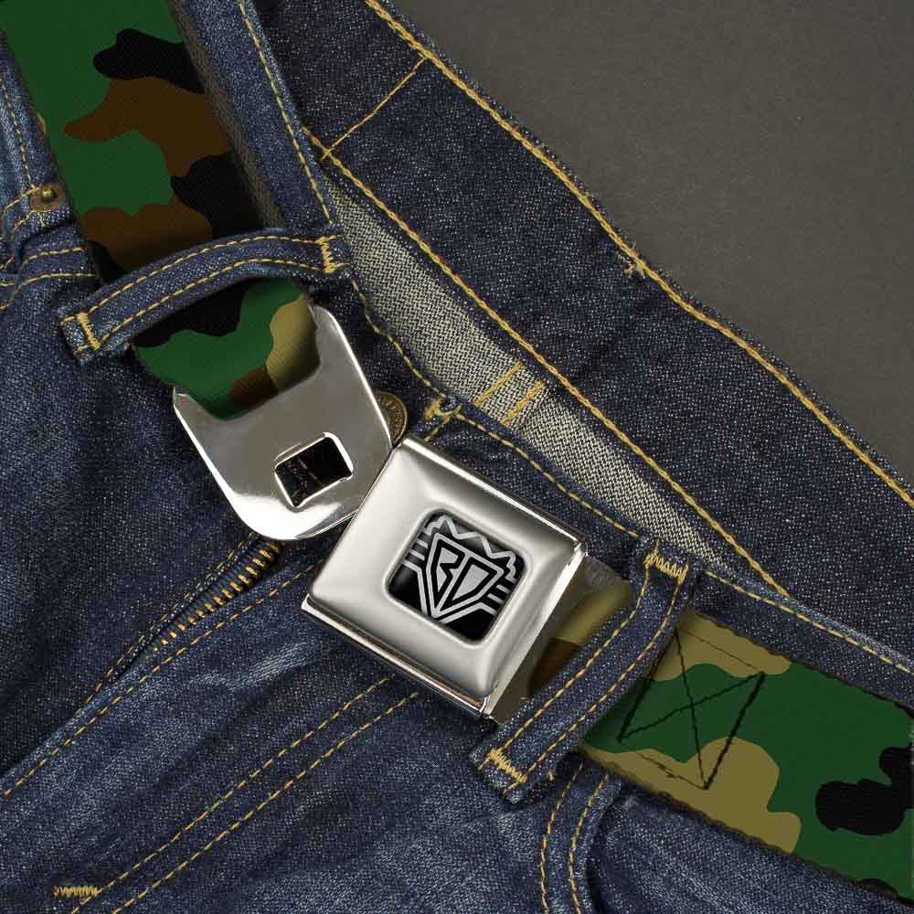 BD Wings Logo CLOSE-UP Full Color Black Silver Seatbelt Belt - Camo Olive Webbing