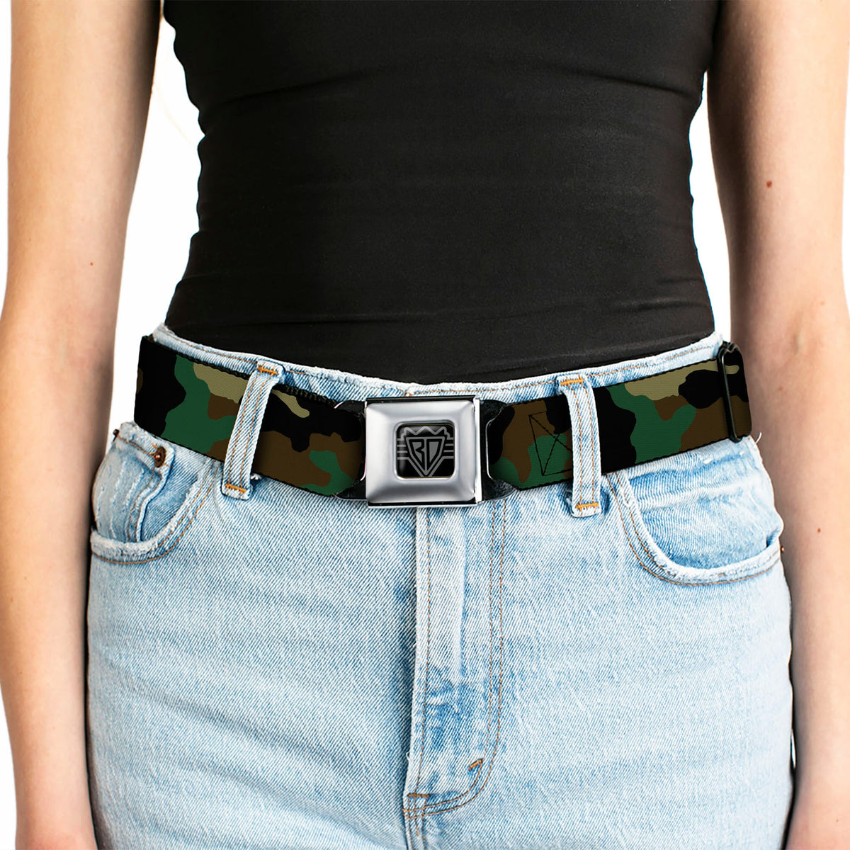BD Wings Logo CLOSE-UP Full Color Black Silver Seatbelt Belt - Camo Olive Webbing