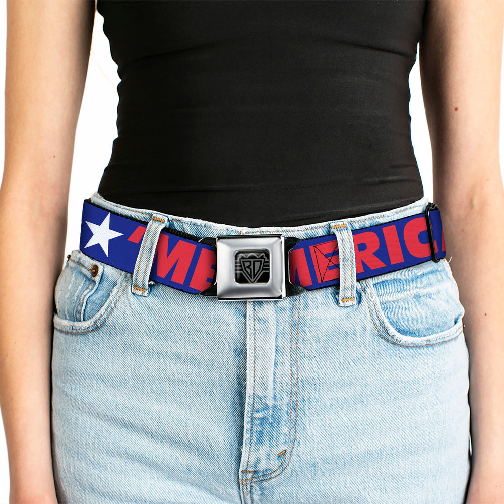 BD Wings Logo CLOSE-UP Full Color Black Silver Seatbelt Belt - 'MERICA/Star Blue/Red/White Webbing - Buckle-Down - Flyclothing LLC