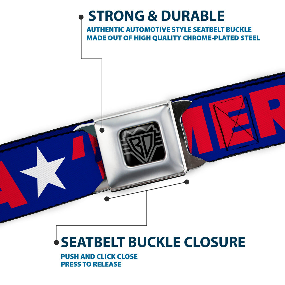BD Wings Logo CLOSE-UP Full Color Black Silver Seatbelt Belt - 'MERICA/Star Blue/Red/White Webbing - Buckle-Down - Flyclothing LLC
