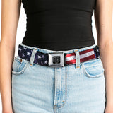 BD Wings Logo CLOSE-UP Full Color Black Silver Seatbelt Belt - American Flag Vivid CLOSE-UP Webbing