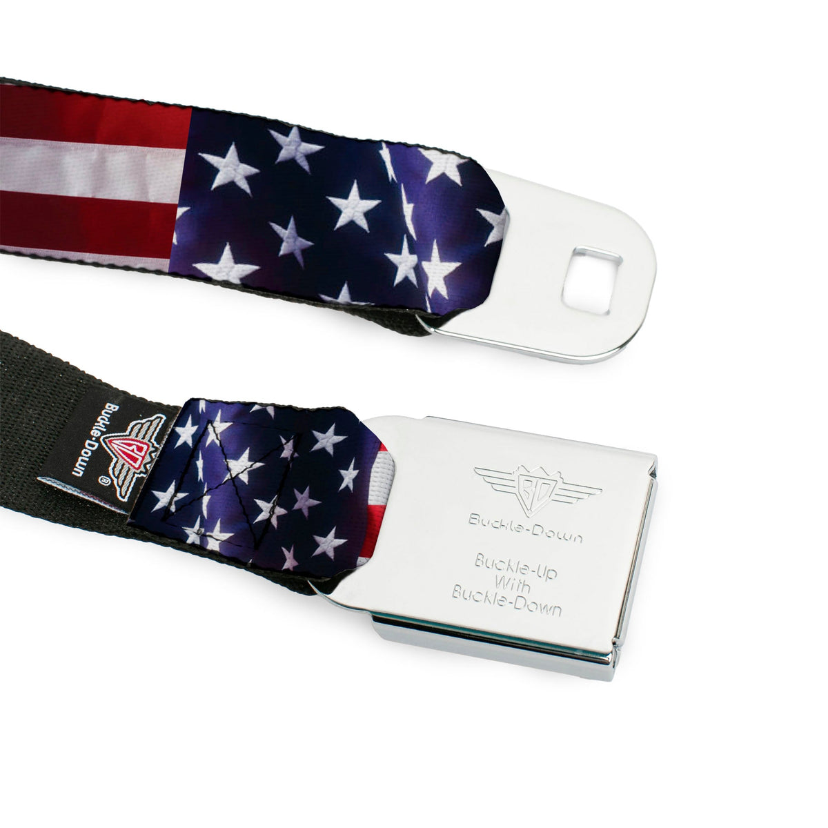 BD Wings Logo CLOSE-UP Full Color Black Silver Seatbelt Belt - American Flag Vivid CLOSE-UP Webbing