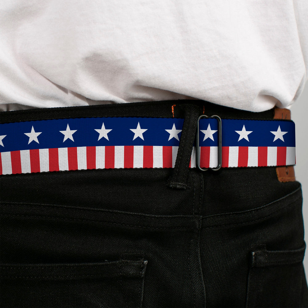 BD Wings Logo CLOSE-UP Full Color Black Silver Seatbelt Belt - Americana Stars & Stripes2 Blue/White/Red/White Webbing - Buckle-Down - Flyclothing LLC